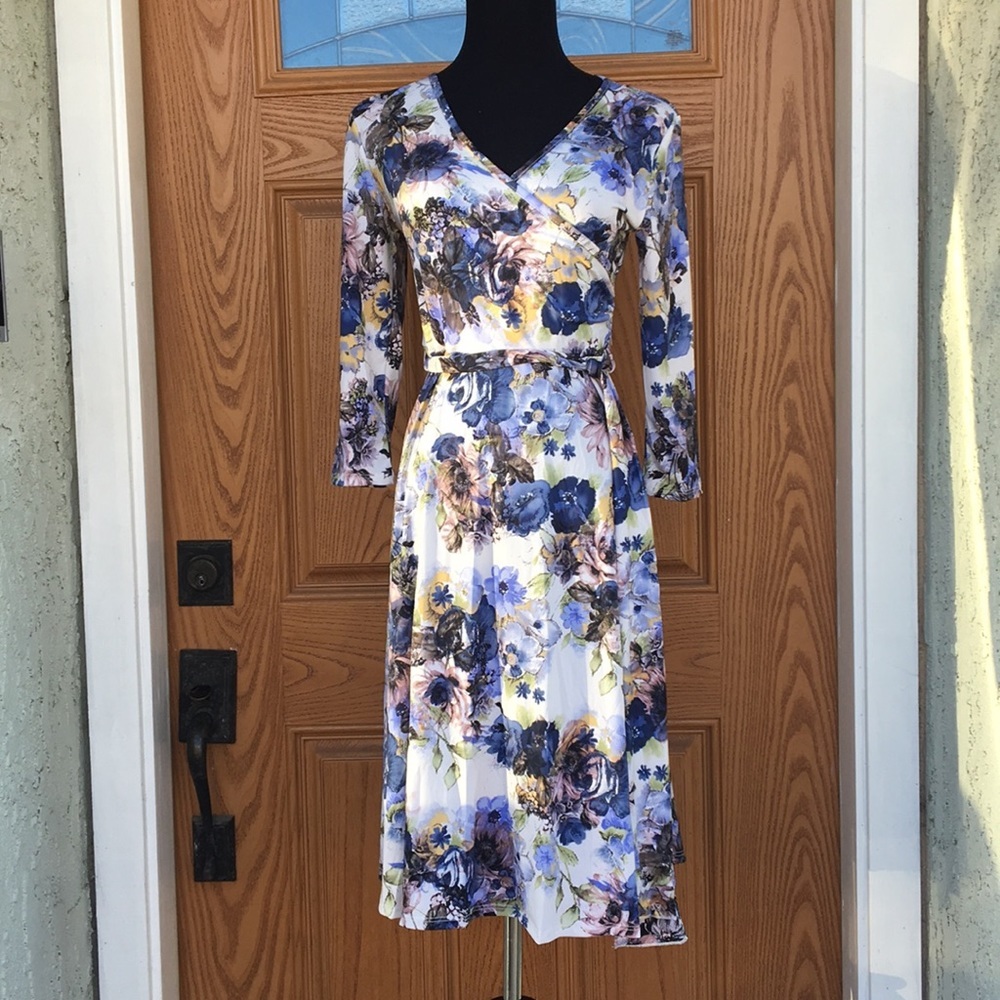 Pink‎ Blush Ivory Blue floral wrap maternity midi